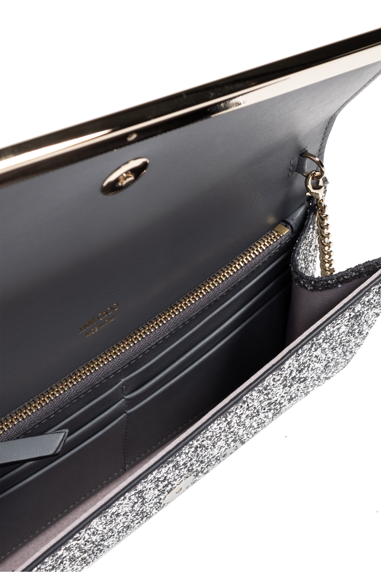 クラッチバッグ Jimmy Choo CLUTCH BAG (EMMIEIGT SILVER) EMMIE | Silver Mirror Fabric Clutch Bag | Summer Collection